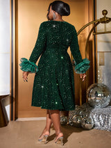 AOMEIDRESS Green Velvet Sequins a line Dress Long Sleeve Tulle Ruffle