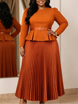 AOMEIDRESS Two Piece Set O Neck Long Sleeves Belt Top Pleated Skirt