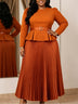 AOMEIDRESS Two Piece Set O Neck Long Sleeves Belt Top Pleated Skirt