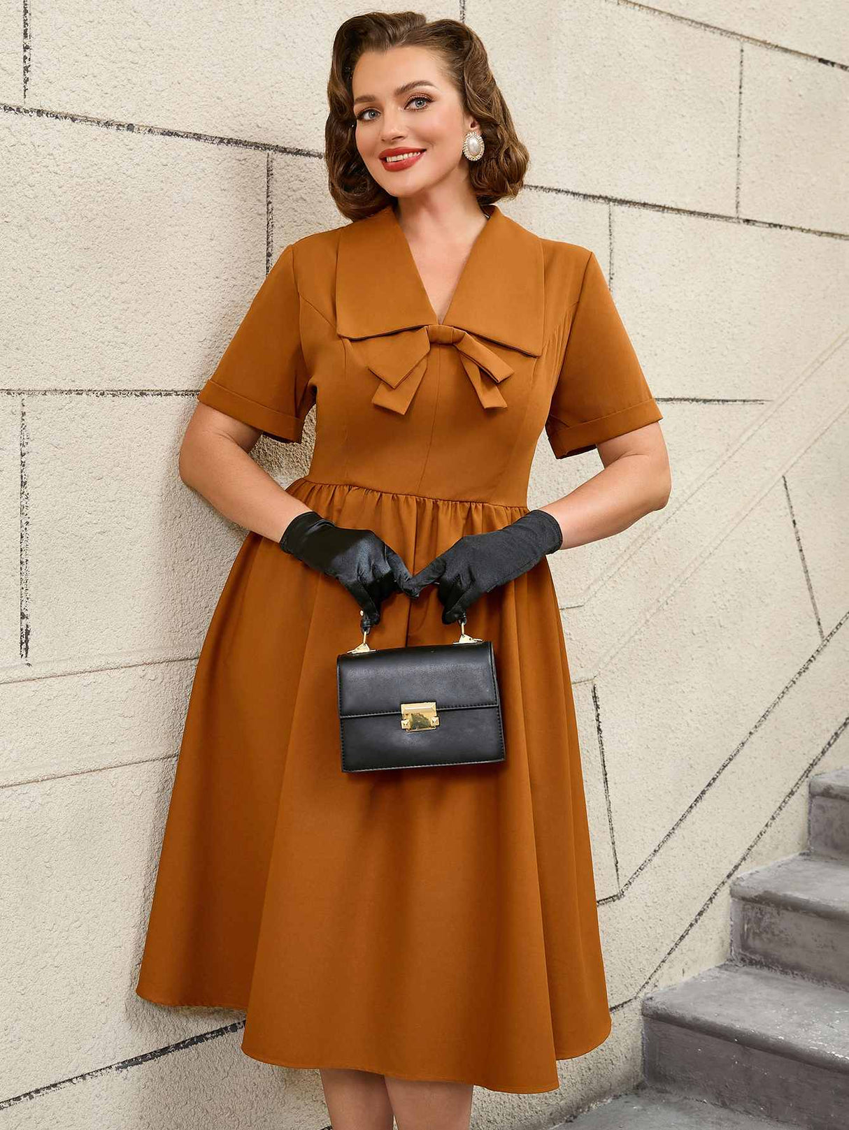 AOMEIDRESS Vintage Turn Down Collar Bow Tie A Line Midi Dress
