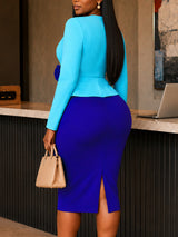 AOMEIDRESS Chic Bodycon Dress O Neck Long Sleeve Colorblock 3D Floral
