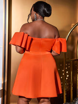 AOMEIDRESS Off Shoulder Orange Dress Backless Short Sleeves A Line