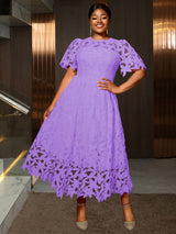 AOMEIDRESS Elegant A Line Lace Dress O Neck Hollow Out Short Sleeves Lavender / S