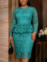 AOMEIDRESS Bodycon Lace Dress O Neck Long Sleeves Hollow Out Peplum