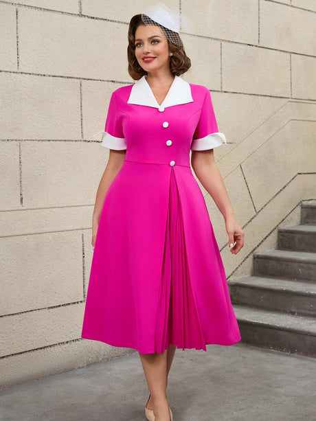 AOMEIDRESS Color Block 50s Swing Dress for Plus Size Women Rose / S