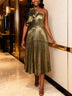 AOMEIDRESS Gold Pleated One Shoulder Party Dress with Ruffled Flower