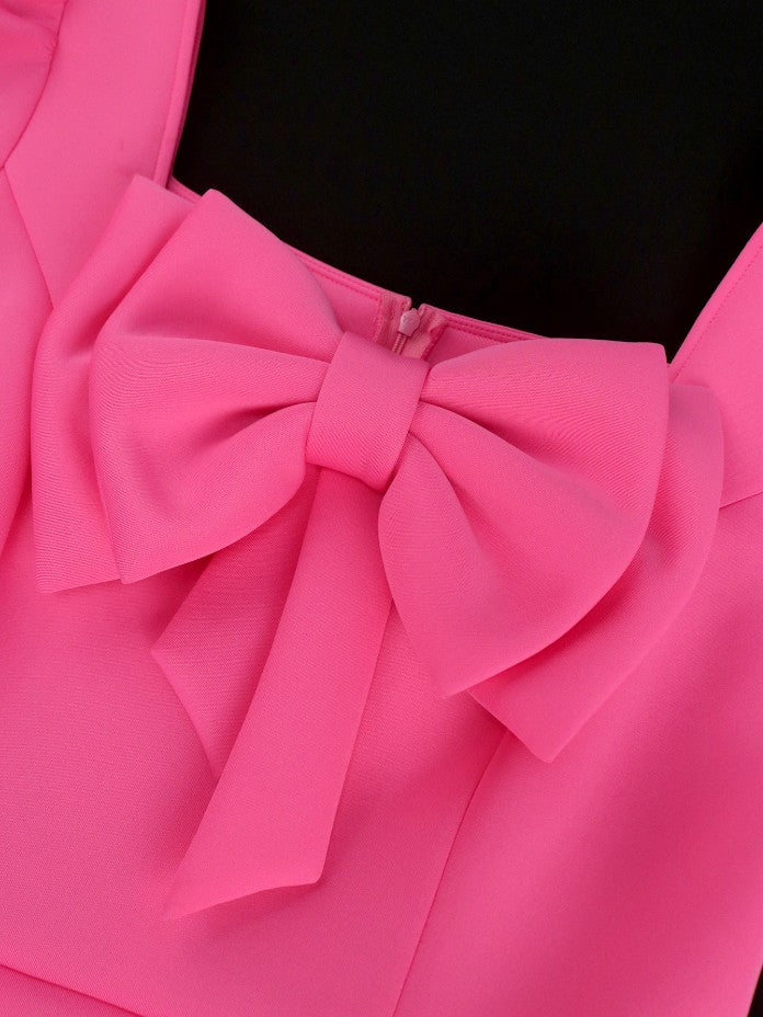 AOMEIDRESS Pink A Line Dress Square Collar Long Sleeve Lovely Bowtie