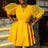 AOMEIDRESS V Neck Puff Sleeve Tiered A Line Yellow Guest Dress
