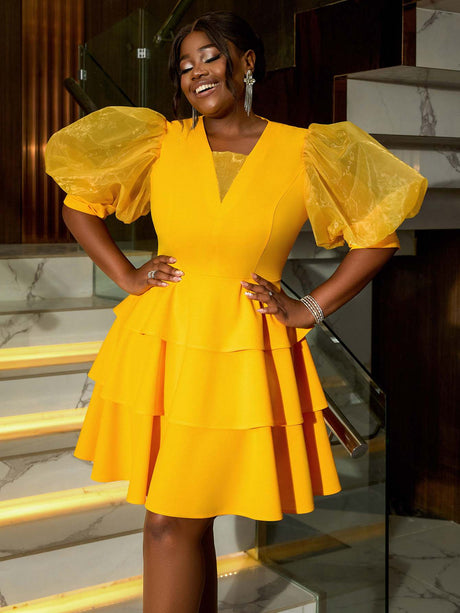 AOMEIDRESS V Neck Puff Sleeve Tiered A Line Yellow Guest Dress
