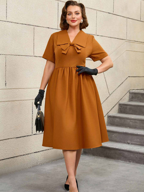 AOMEIDRESS Vintage Turn Down Collar Bow Tie A Line Midi Dress