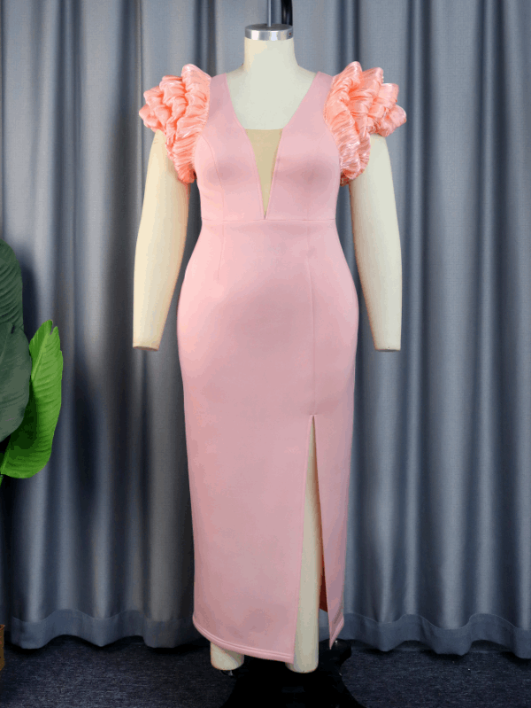 AOMEI Mesh V Neck Pink Puff Sleeve Long Dress