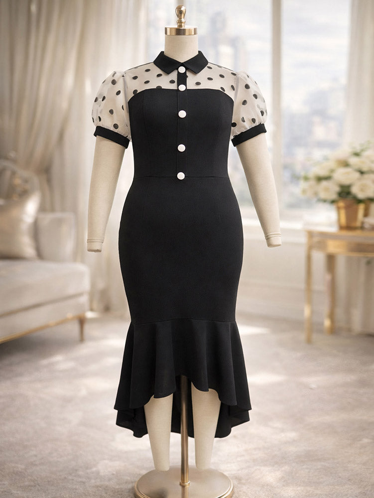 AOMEIDRESS Mermaid Dress Patchwork Sheer Mesh Dot Short Puff Sleeves