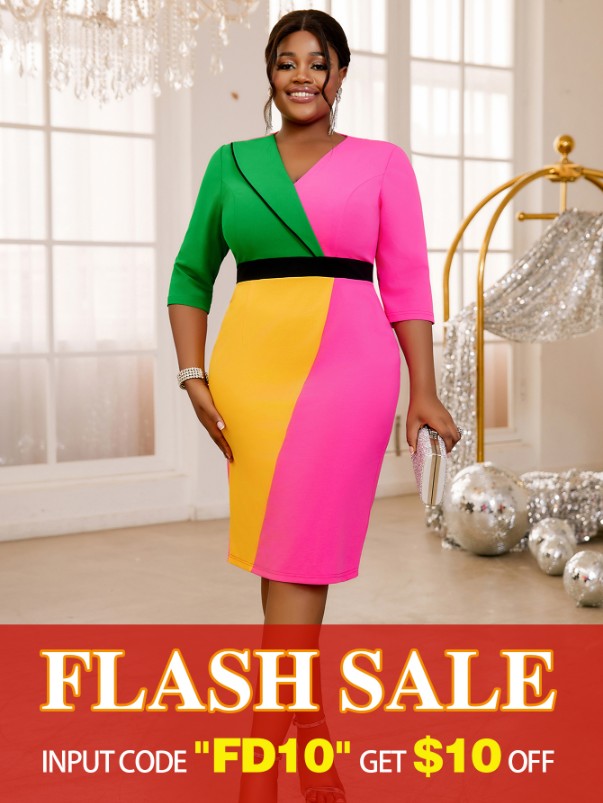 AOMEIDRESS V Neck Three Quarter Sleeves Color Block Bodycon Dress