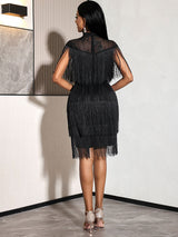 AOMEIDRESS Chic Black Fringe Dress Sheer Neckline Package Hip Gowns