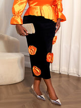 AOMEIDRESS Elegant Black Velvet Bodycon Skirt with Orange 3D Floral