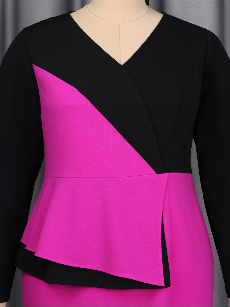 AOMEIDRESS Elegant Women Colorblock Dress V Neck Long Sleeve Peplum