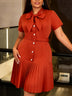 AOMEIDRESS Women Elegant Blazer Pleated Dress Bow Neck Short Sleeve