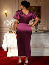 AOMEIDRESS Satin Package Hip Dress V Neck Ruffles Split Party Gown