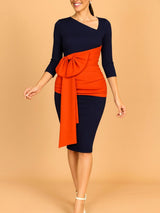 AOMEIDRESS Elegant Color Block Bow Long Sleeve Dress for Party Office NV / S