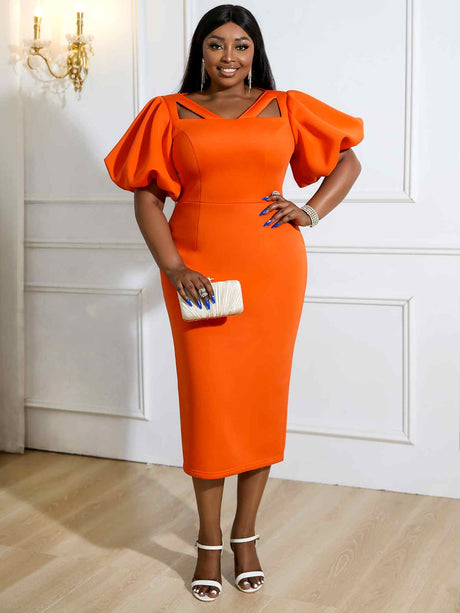 orange v neck puff sleeve dresses for women