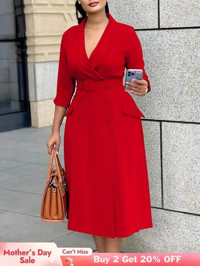 Elegant A Line Blazer Dress Notched Lapel Three Quarter Sleeves with Belted
