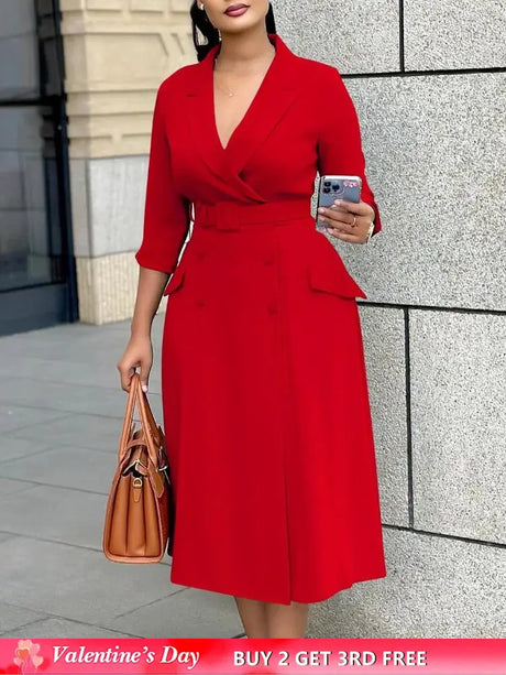 Elegant A Line Blazer Dress Notched Lapel Three Quarter Sleeves with Belted
