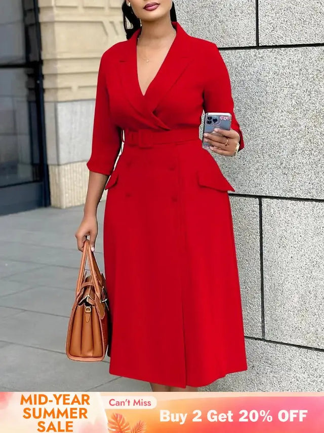 Elegant A Line Blazer Dress Notched Lapel Three Quarter Sleeves with Belted