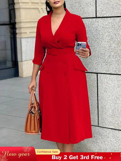 Elegant A Line Blazer Dress Notched Lapel Three Quarter Sleeves with Belted