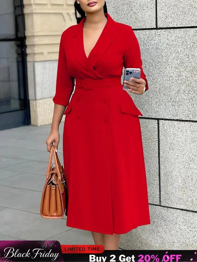 Elegant A Line Blazer Dress Notched Lapel Three Quarter Sleeves with Belted