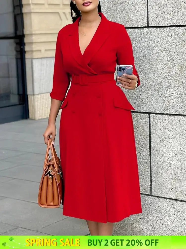 Elegant A Line Blazer Dress Notched Lapel Three Quarter Sleeves with Belted