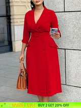 Elegant A Line Blazer Dress Notched Lapel Three Quarter Sleeves with Belted
