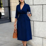 Elegant A Line Blazer Dress Notched Lapel Three Quarter Sleeves with Belted Navy Blue（ AE existing skus） / S
