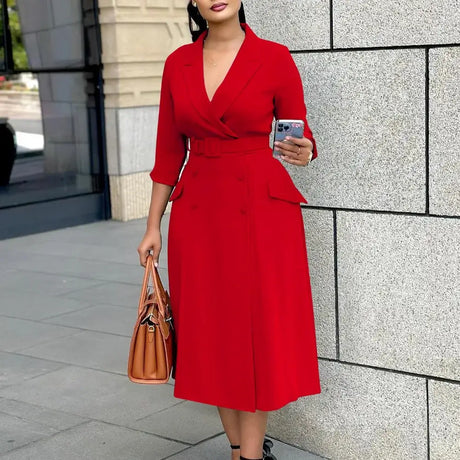 Elegant A Line Blazer Dress Notched Lapel Three Quarter Sleeves with Belted Red / S