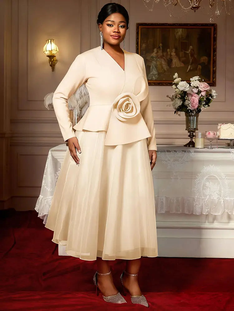 Elegant A Line Dress Peplum 3D Flower Patchwork Mesh Party Outfit