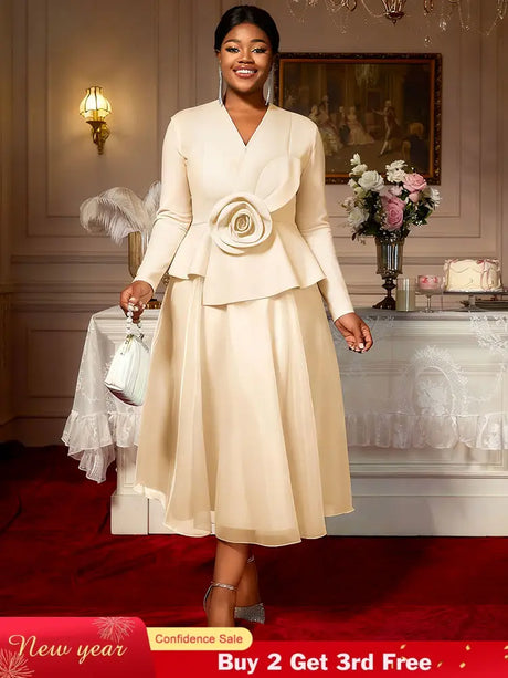 Elegant A Line Dress Peplum 3D Flower Patchwork Mesh Party Outfit Apricot / L