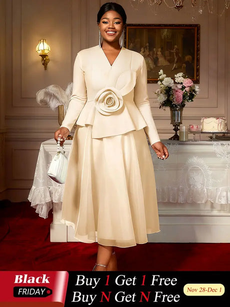 Elegant A Line Dress Peplum 3D Flower Patchwork Mesh Party Outfit Apricot / L