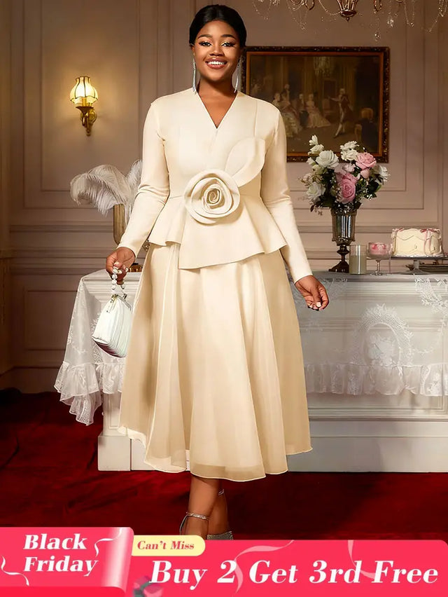 Elegant A Line Dress Peplum 3D Flower Patchwork Mesh Party Outfit Apricot / L