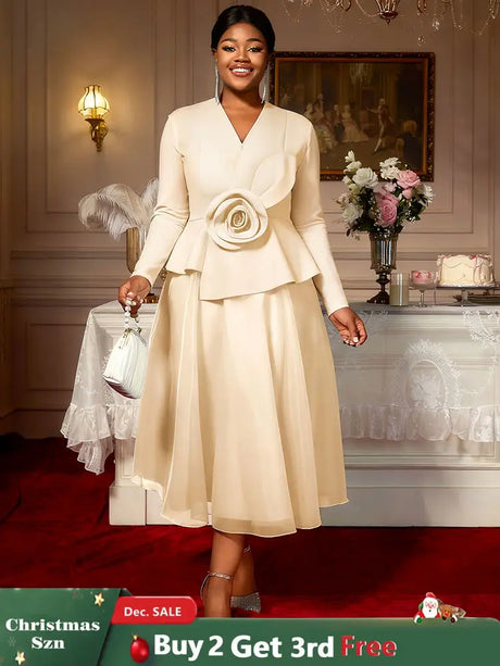 Elegant A Line Dress Peplum 3D Flower Patchwork Mesh Party Outfit Apricot / L