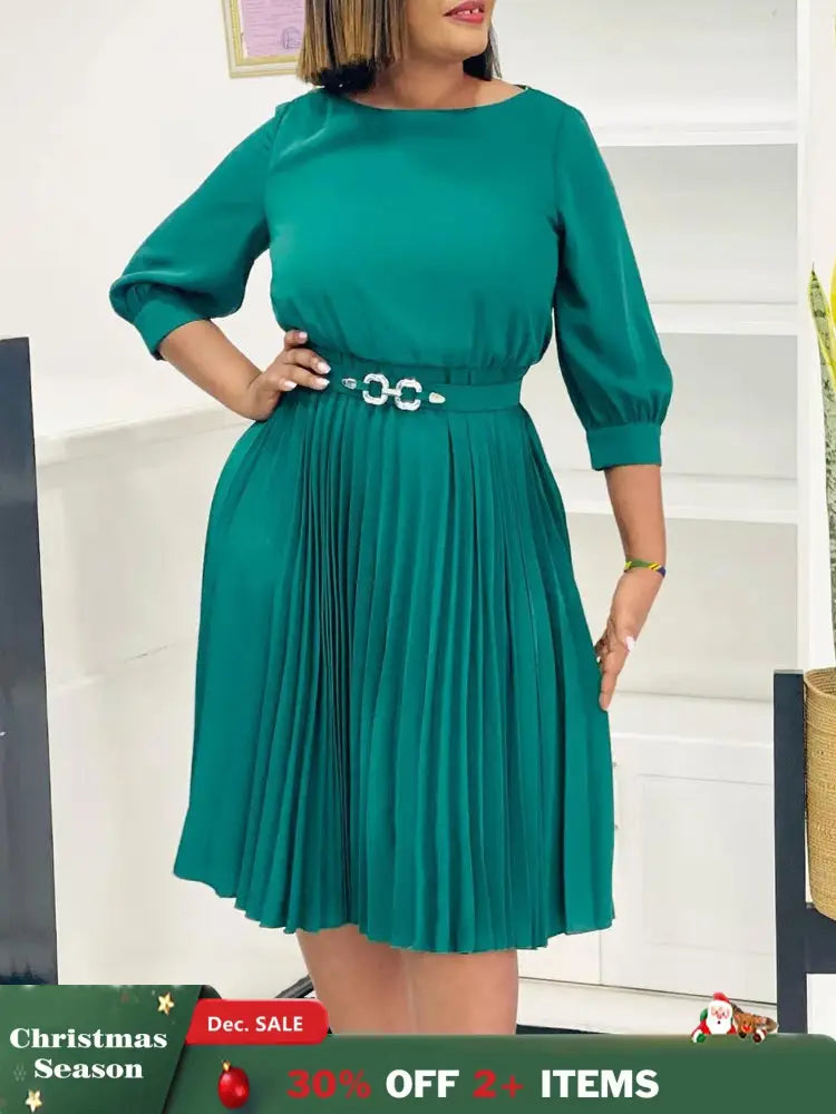 Elegant A Line Midi Pleated Dresses Women O Neck Three Quarter Sleeves Waist Belt