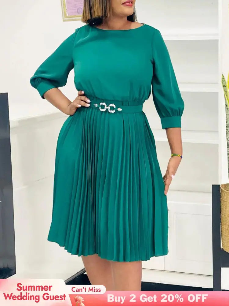 Elegant A Line Midi Pleated Dresses Women O Neck Three Quarter Sleeves Waist Belt
