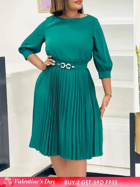 Elegant A Line Midi Pleated Dresses Women O Neck Three Quarter Sleeves Waist Belt