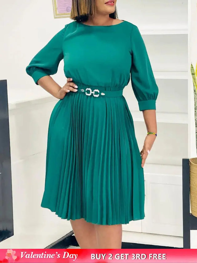 Elegant A Line Midi Pleated Dresses Women O Neck Three Quarter Sleeves Waist Belt
