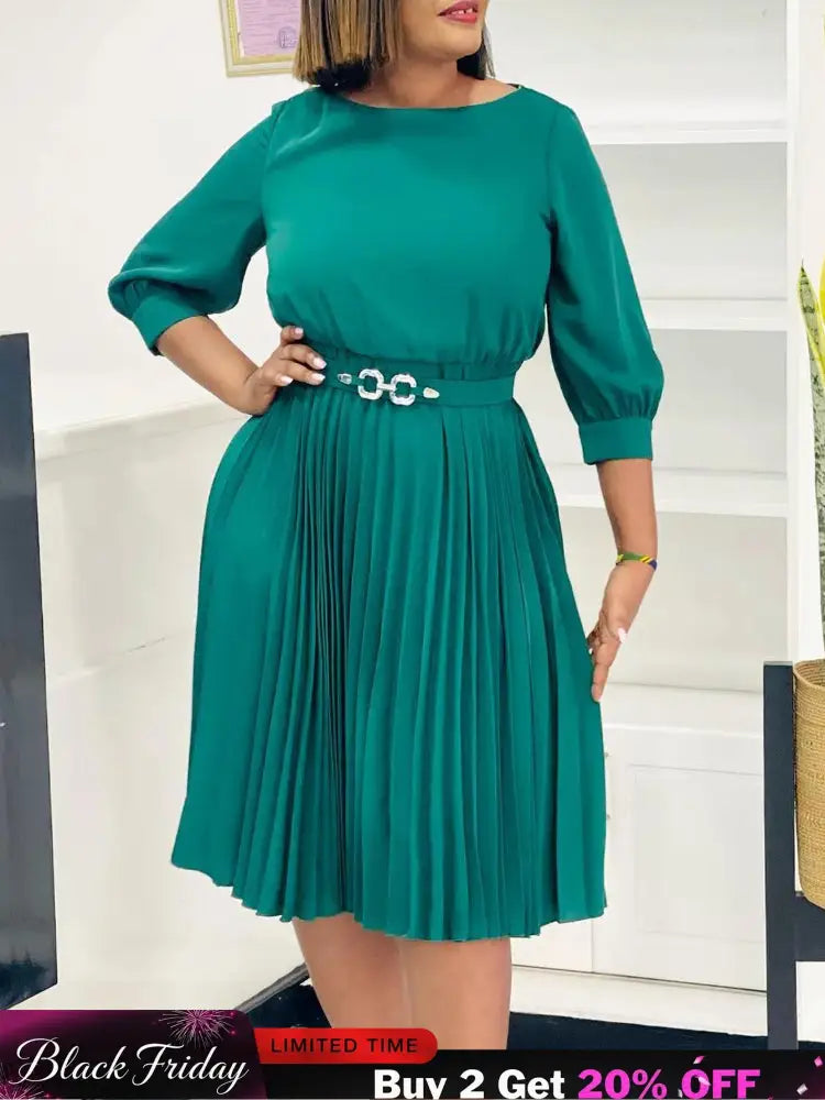 Elegant A Line Midi Pleated Dresses Women O Neck Three Quarter Sleeves Waist Belt