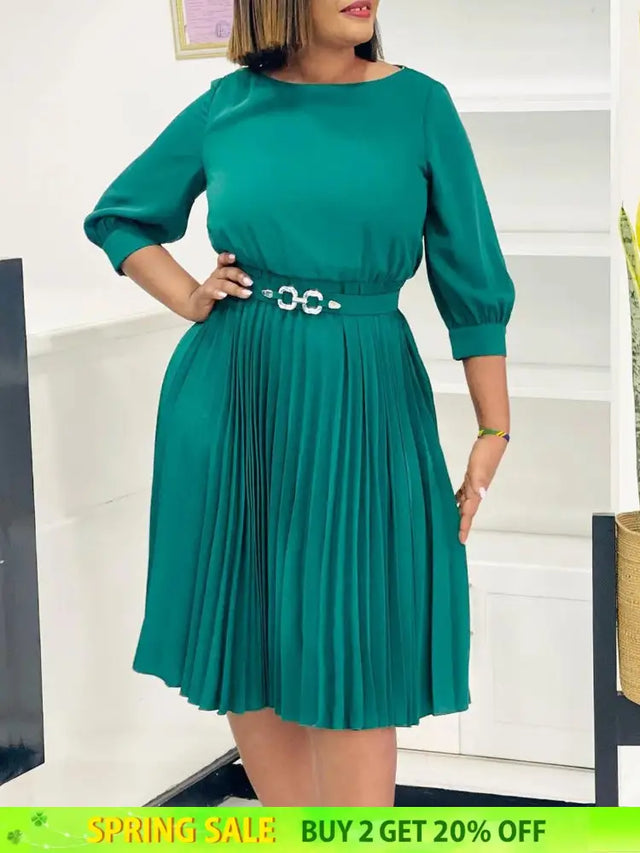 Elegant A Line Midi Pleated Dresses Women O Neck Three Quarter Sleeves Waist Belt