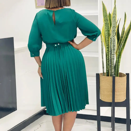 Elegant A Line Midi Pleated Dresses Women O Neck Three Quarter Sleeves Waist Belt