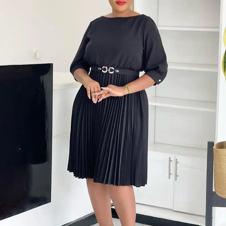Elegant A Line Midi Pleated Dresses Women O Neck Three Quarter Sleeves Waist Belt Black / S