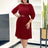 Elegant A Line Midi Pleated Dresses Women O Neck Three Quarter Sleeves Waist Belt Burgundy / S