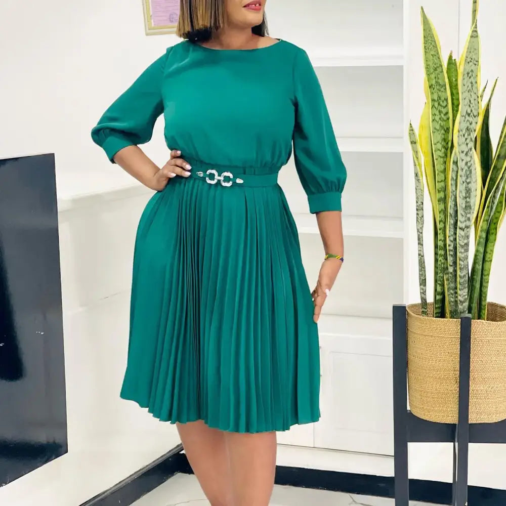 Elegant A Line Midi Pleated Dresses Women O Neck Three Quarter Sleeves Waist Belt Green / S