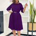 Elegant A Line Midi Pleated Dresses Women O Neck Three Quarter Sleeves Waist Belt PURPLE / S