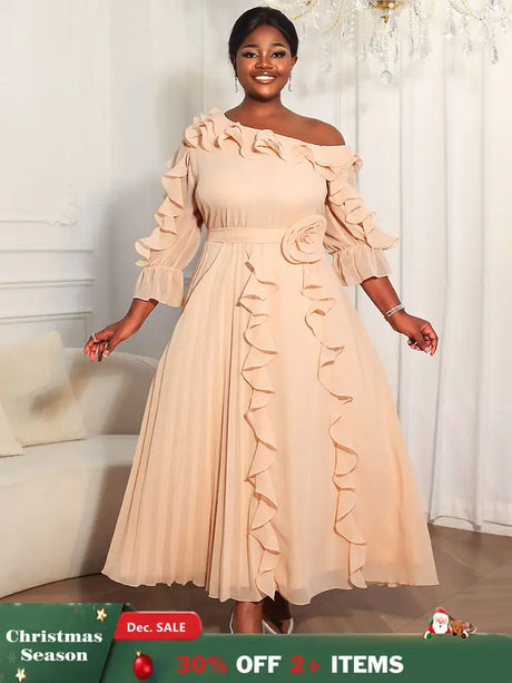 Elegant A Line Off-shoulder Chiffon Pleated Dress Ruffles 3D Flowers AP / L